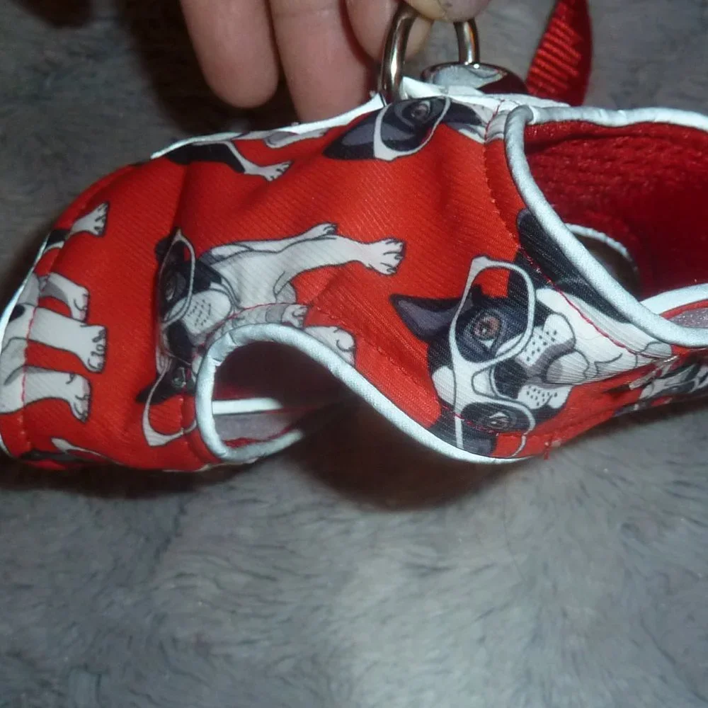 XS Dog or Cat Harness & Leash Set, Red with Black & White Dog Print, New
